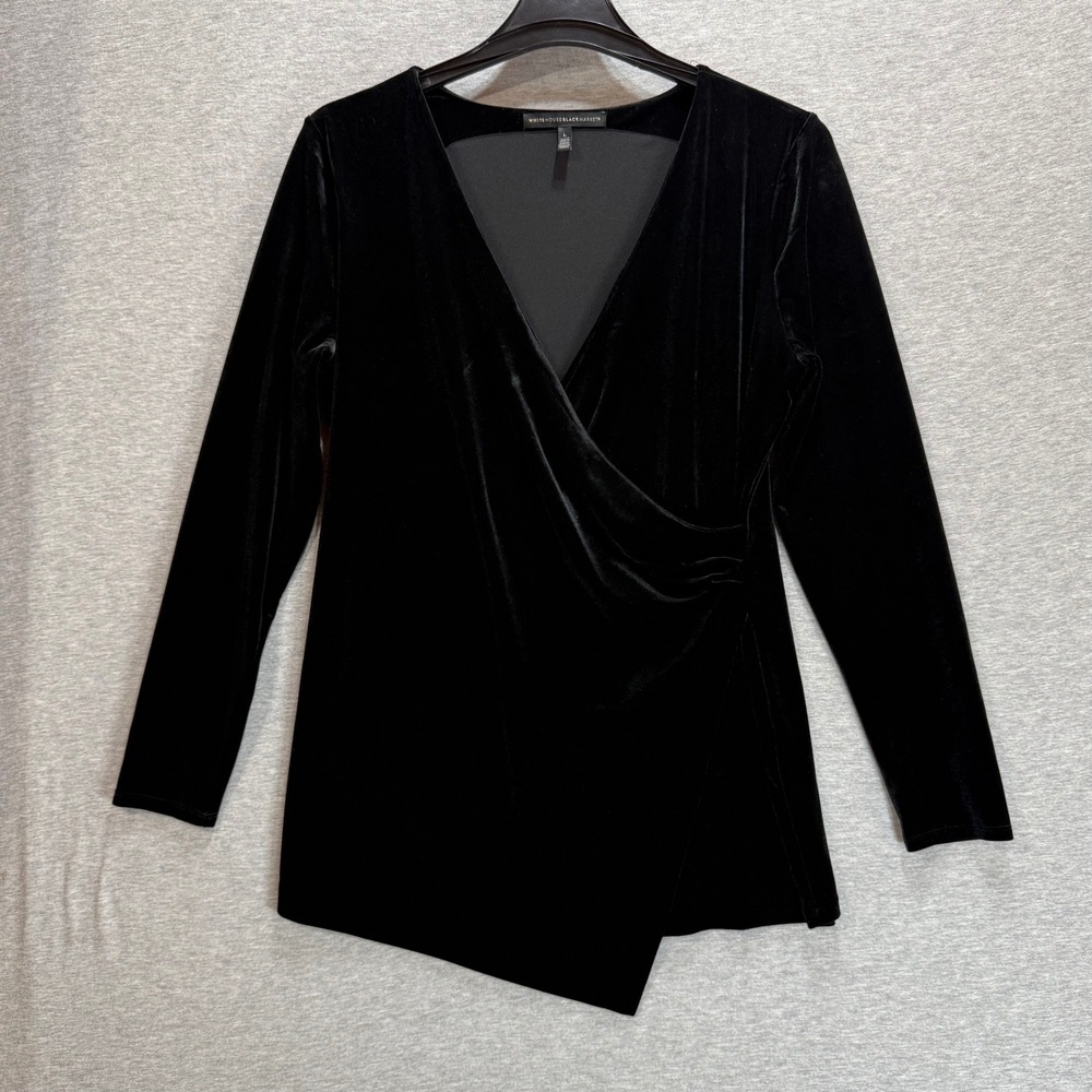 White House Black Market Velvet Wrap Top Womens L Black Asymmetrical Hem Gothic